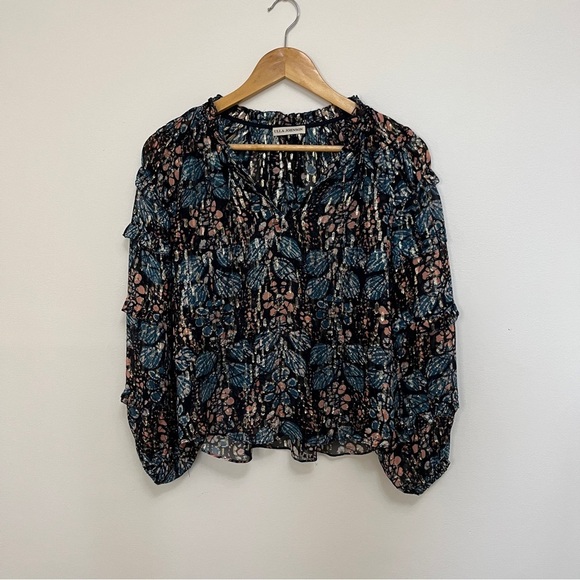 Ulla Johnson Isadora Sill Lurex Indigo Blue Sheer Floral Ruffle Blouse Size 0 - Picture 2 of 6